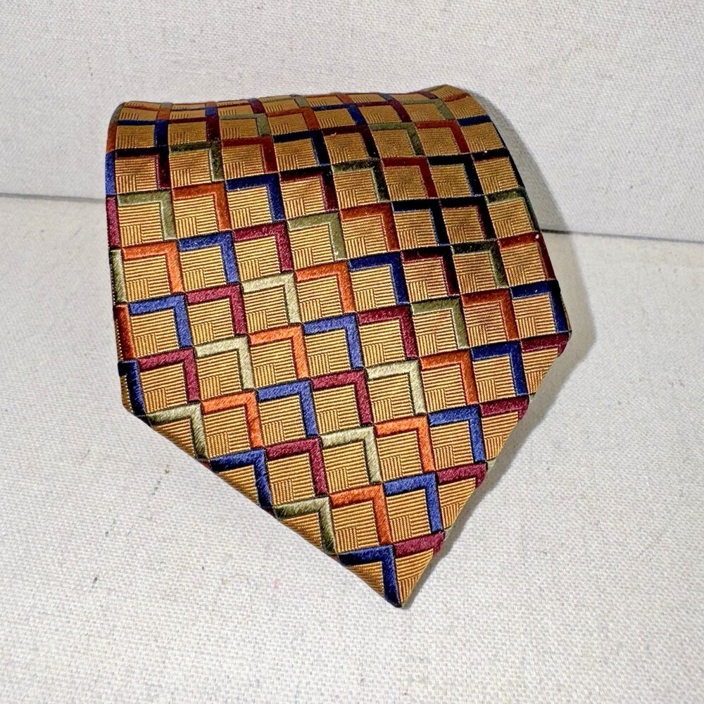 Tango by Max Raab Silk Necktie Mens OS Gold Blue Geometric Retro Dark Academia